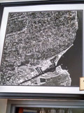 A black and white aerial photo of the city.